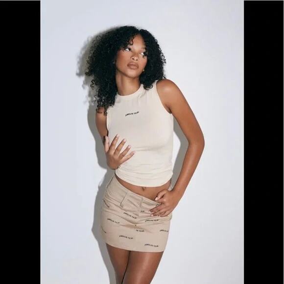 NWOT Amelie Teje Tan Logo Denim Mini Skirt Women's XS - Picture 1 of 8